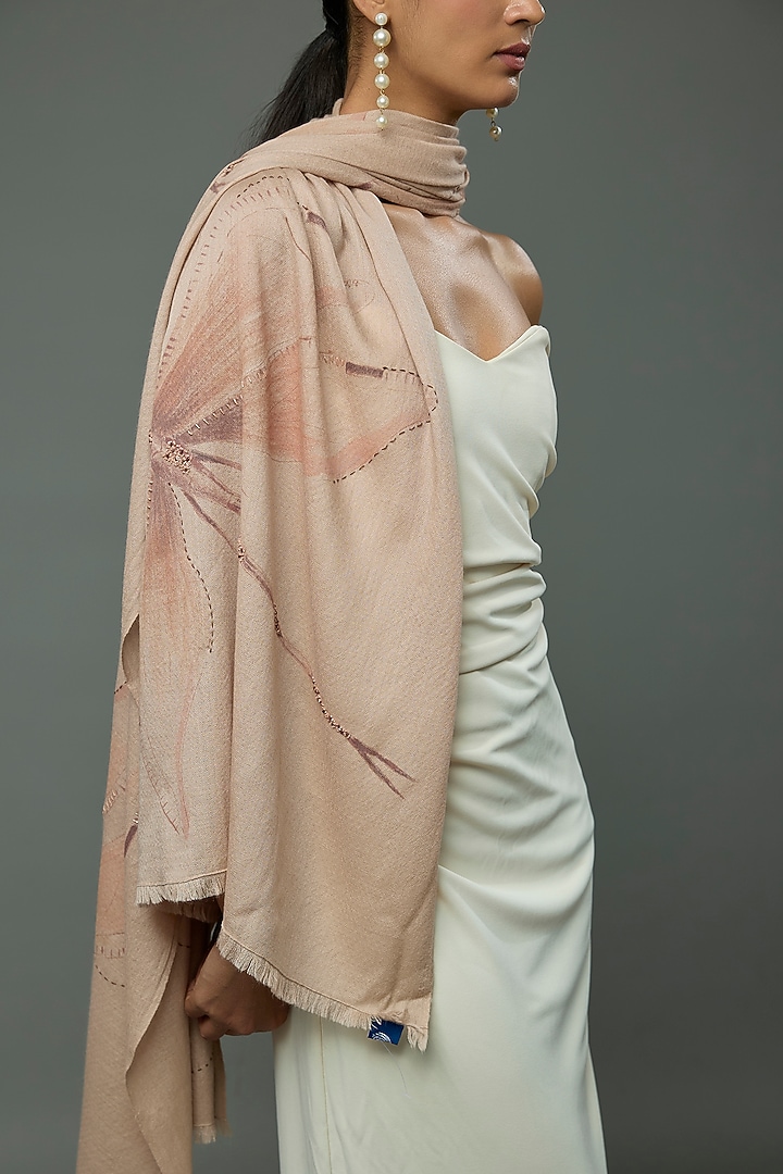 Pale Fawn Pashmina Wool Hand Painted & Hand Embroidered Stole by TAMBOUR at Pernia's Pop Up Shop
