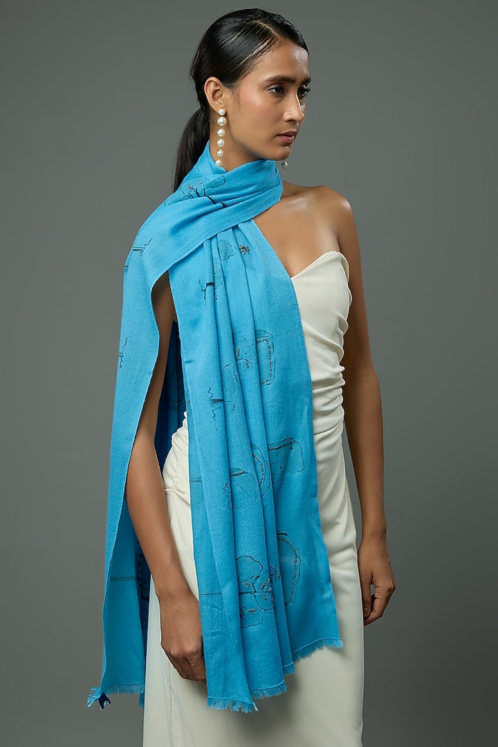 Blue Pashmina Wool Hand Painted & Hand Embroidered Stole by TAMBOUR at Pernia's Pop Up Shop