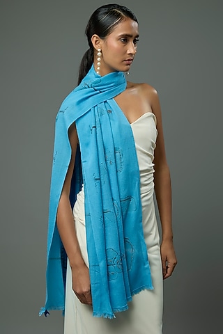 Blue Pashmina Wool Hand Painted & Hand Embroidered Stole by TAMBOUR