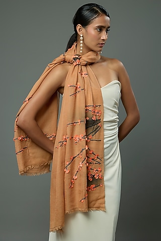Camel Brown Pashmina Wool Hand Painted & Hand Embroidered Stole by TAMBOUR