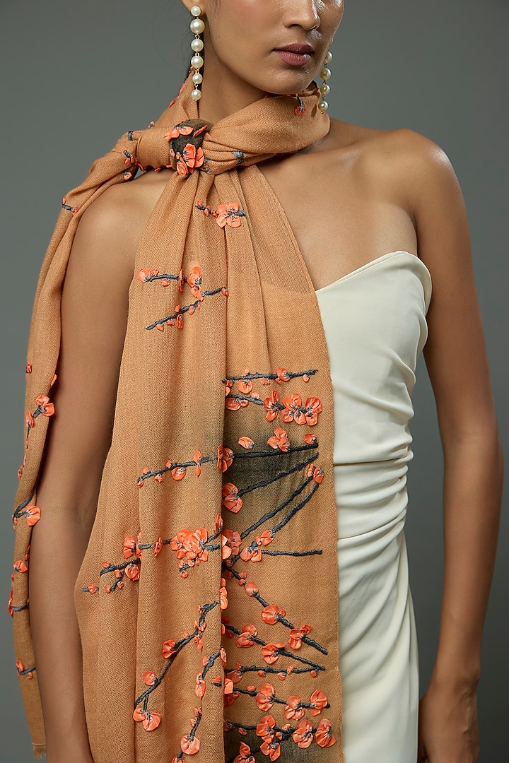 Camel Brown Pashmina Wool Hand Painted & Hand Embroidered Stole by TAMBOUR at Pernia's Pop Up Shop