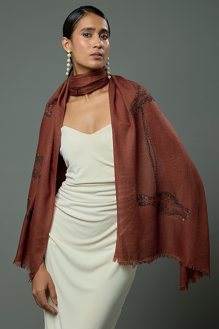 Brown Pashmina Wool Hand Painted & Hand Embroidered Stole by TAMBOUR at Pernia's Pop Up Shop