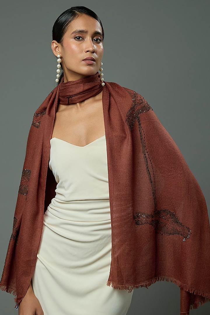 Brown Pashmina Wool Hand Painted & Hand Embroidered Stole by TAMBOUR at Pernia's Pop Up Shop