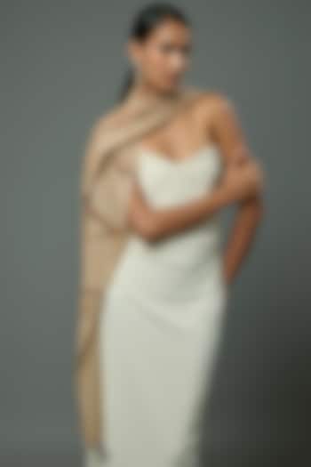 Pale Beige Pashmina Wool Hand Painted & Hand Embroidered Stole by TAMBOUR at Pernia's Pop Up Shop