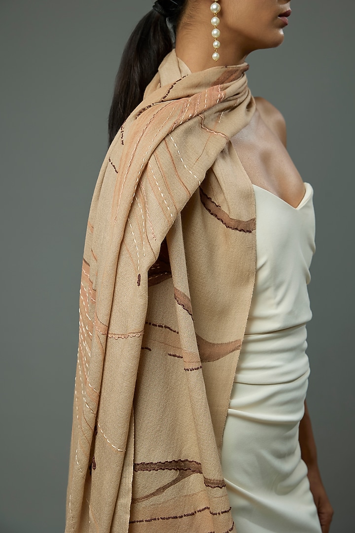 Pale Beige Pashmina Wool Hand Painted & Hand Embroidered Stole by TAMBOUR at Pernia's Pop Up Shop