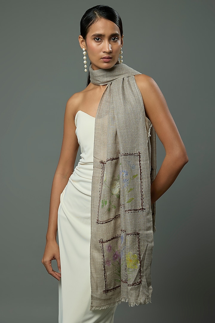 Natural Pashmina Wool Hand Painted & Hand Embroidered Stole by TAMBOUR at Pernia's Pop Up Shop