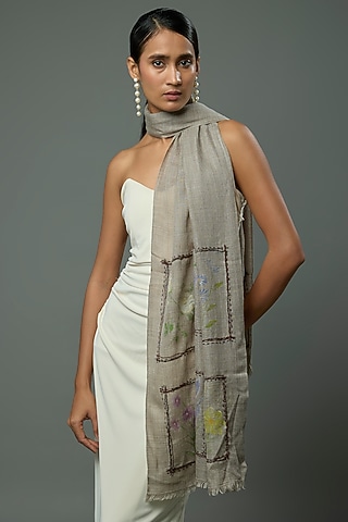 Natural Pashmina Wool Hand Painted & Hand Embroidered Stole by TAMBOUR