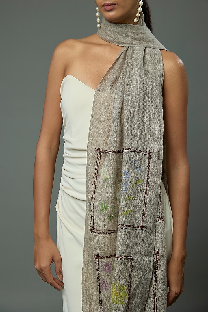 Natural Pashmina Wool Hand Painted & Hand Embroidered Stole by TAMBOUR at Pernia's Pop Up Shop