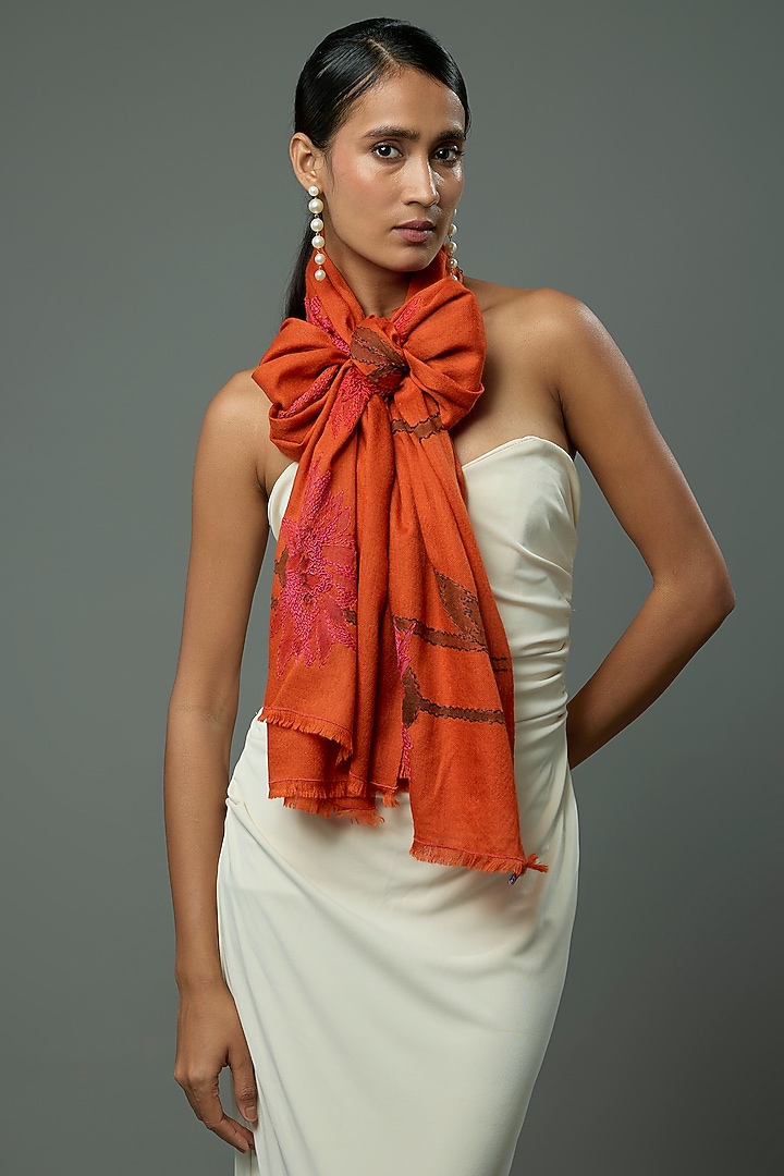 Rust Pashmina Wool Hand Painted & Hand Embroidered Stole by TAMBOUR at Pernia's Pop Up Shop