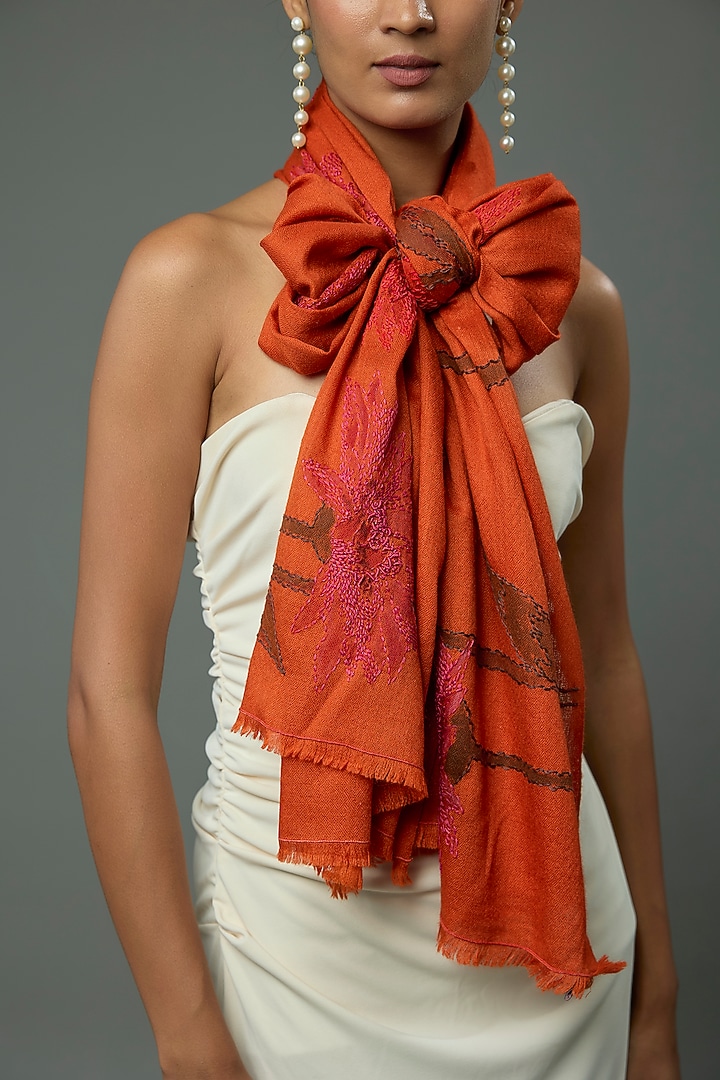 Rust Pashmina Wool Hand Painted & Hand Embroidered Stole by TAMBOUR at Pernia's Pop Up Shop