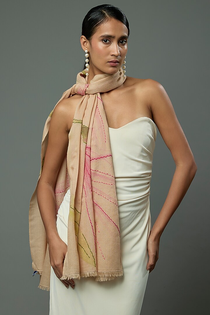 Pale Fawn Pashmina Wool Hand Painted & Hand Embroidered Stole by TAMBOUR at Pernia's Pop Up Shop