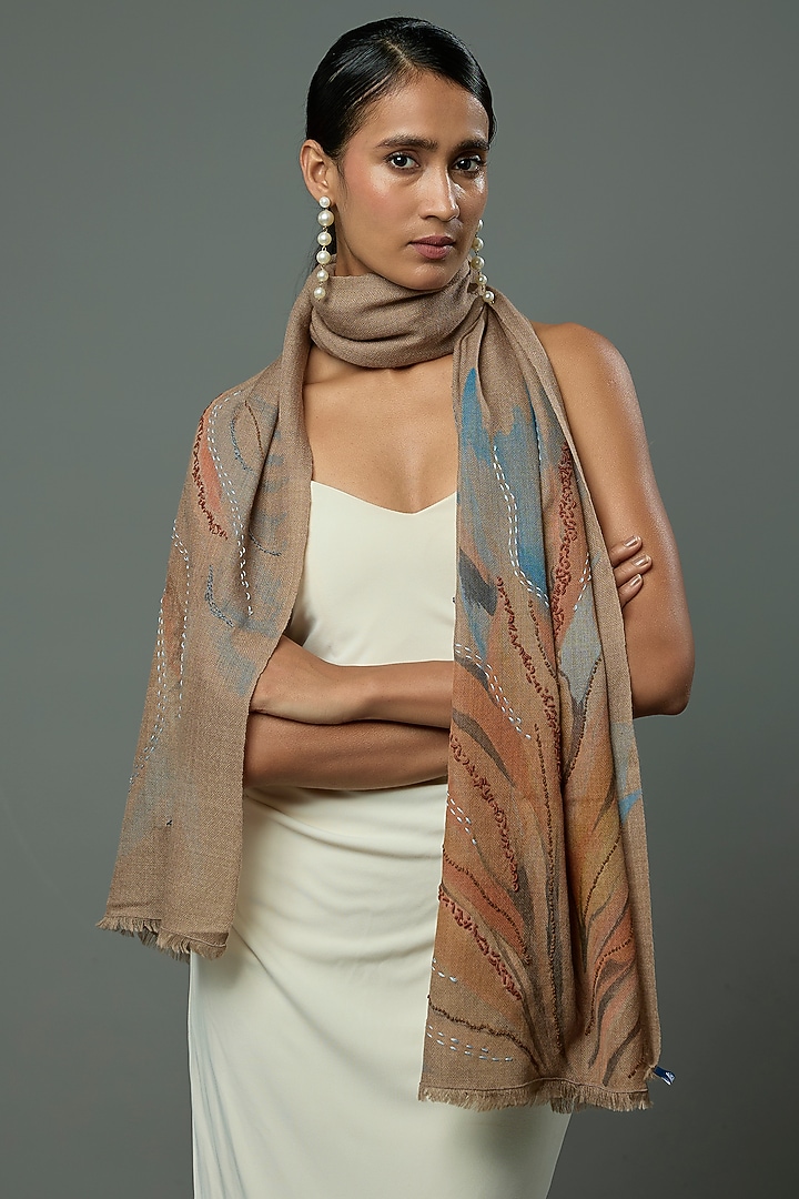 Natural Pashmina Wool Hand Painted & Hand Embroidered Stole by TAMBOUR at Pernia's Pop Up Shop
