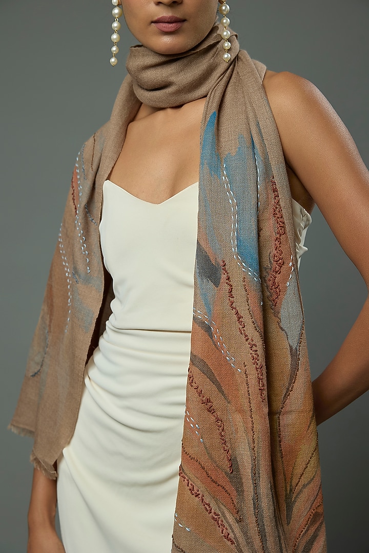 Natural Pashmina Wool Hand Painted & Hand Embroidered Stole by TAMBOUR at Pernia's Pop Up Shop