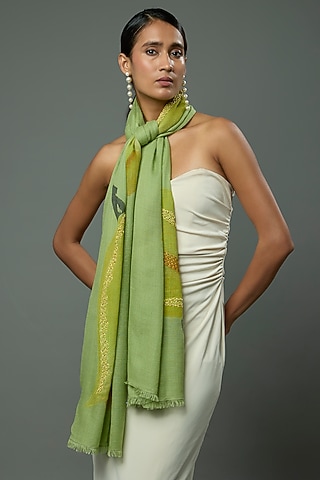 Lime Green Pashmina Wool Hand Painted & Hand Embroidered Stole by TAMBOUR
