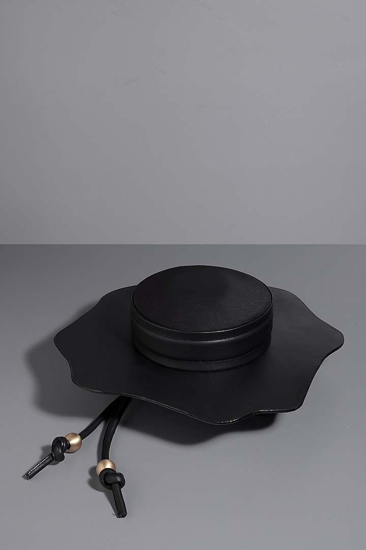 Black Genuine Leather Hat With Gold Plated Brass Balls by Tann-ed