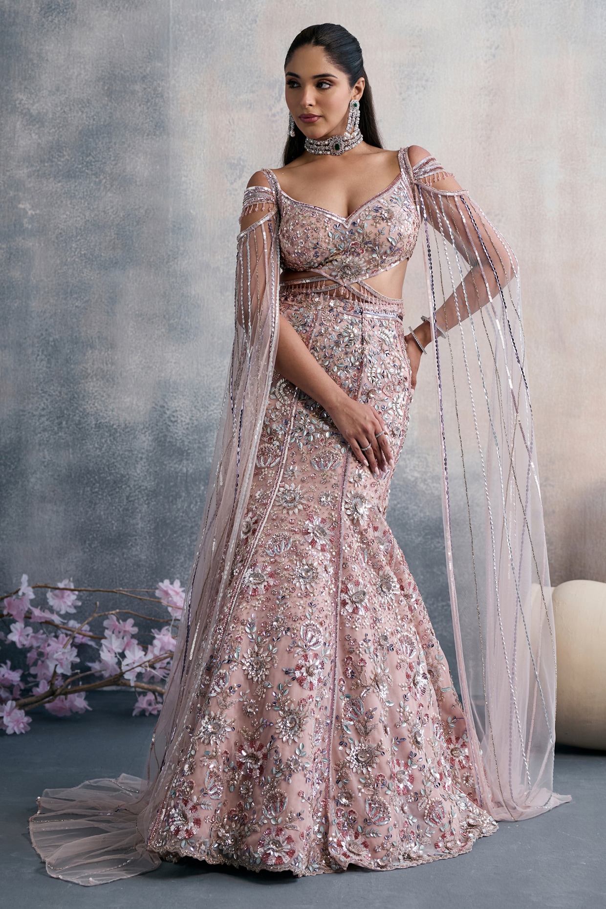 Tanaksh Pink Net Sequins Embellished Fish-Cut Lehenga Set