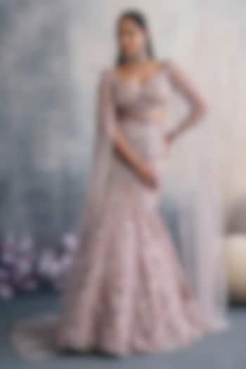 Pink Net Sequins Embellished Fish-Cut Wedding Lehenga Set by Tanaksh at Pernia's Pop Up Shop