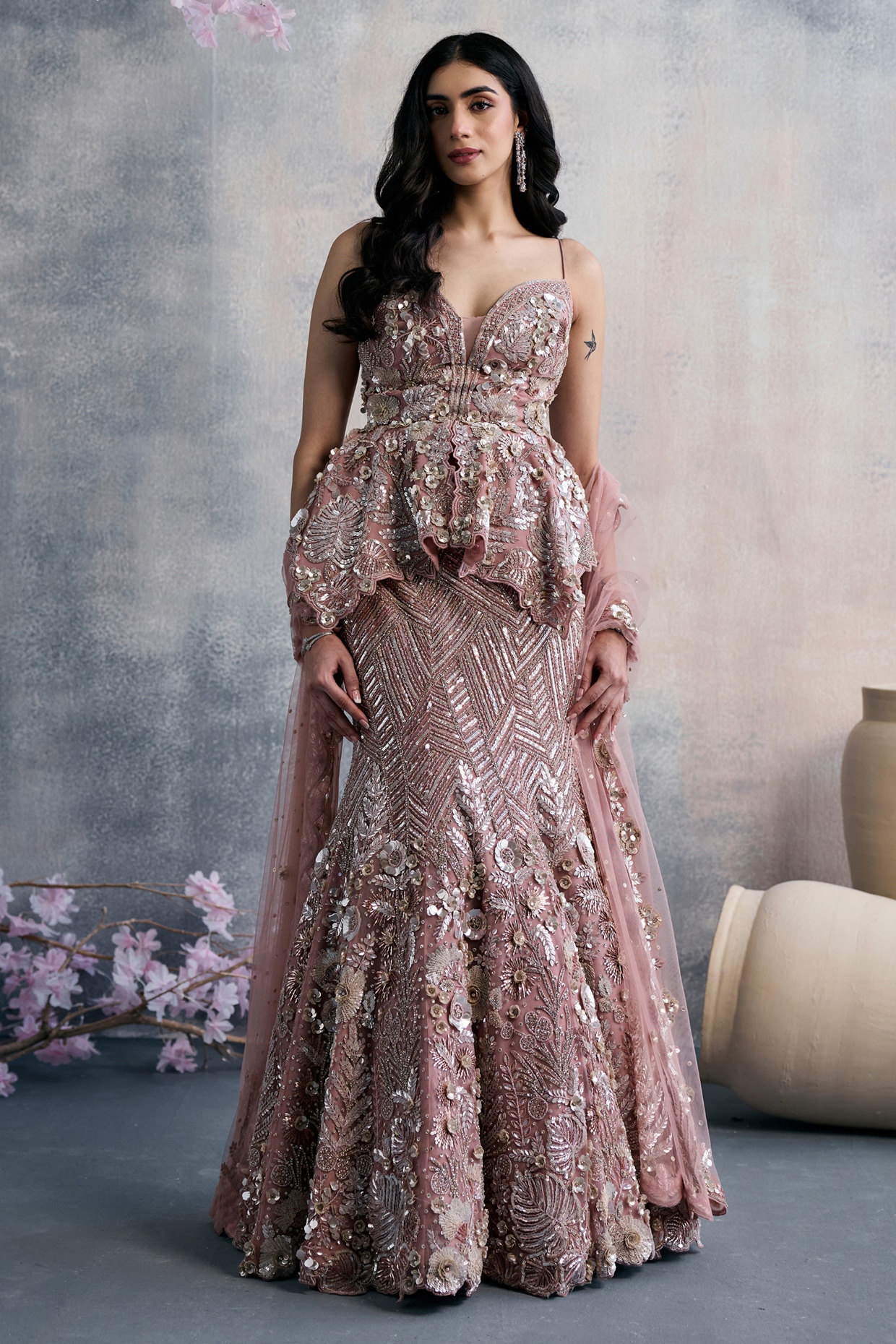 Tanaksh Pink Net Sequins Embellished Lehenga Set