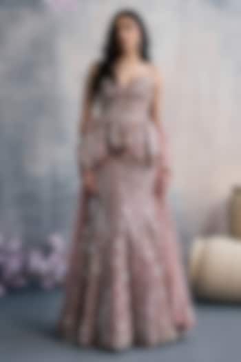 Pink Net Sequins Embellished Bridal Lehenga Set by Tanaksh at Pernia's Pop Up Shop