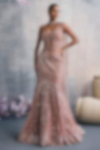 Peach Net Sequins Embroidered Fish-Cut Draped Wedding Lehenga Set by Tanaksh at Pernia's Pop Up Shop