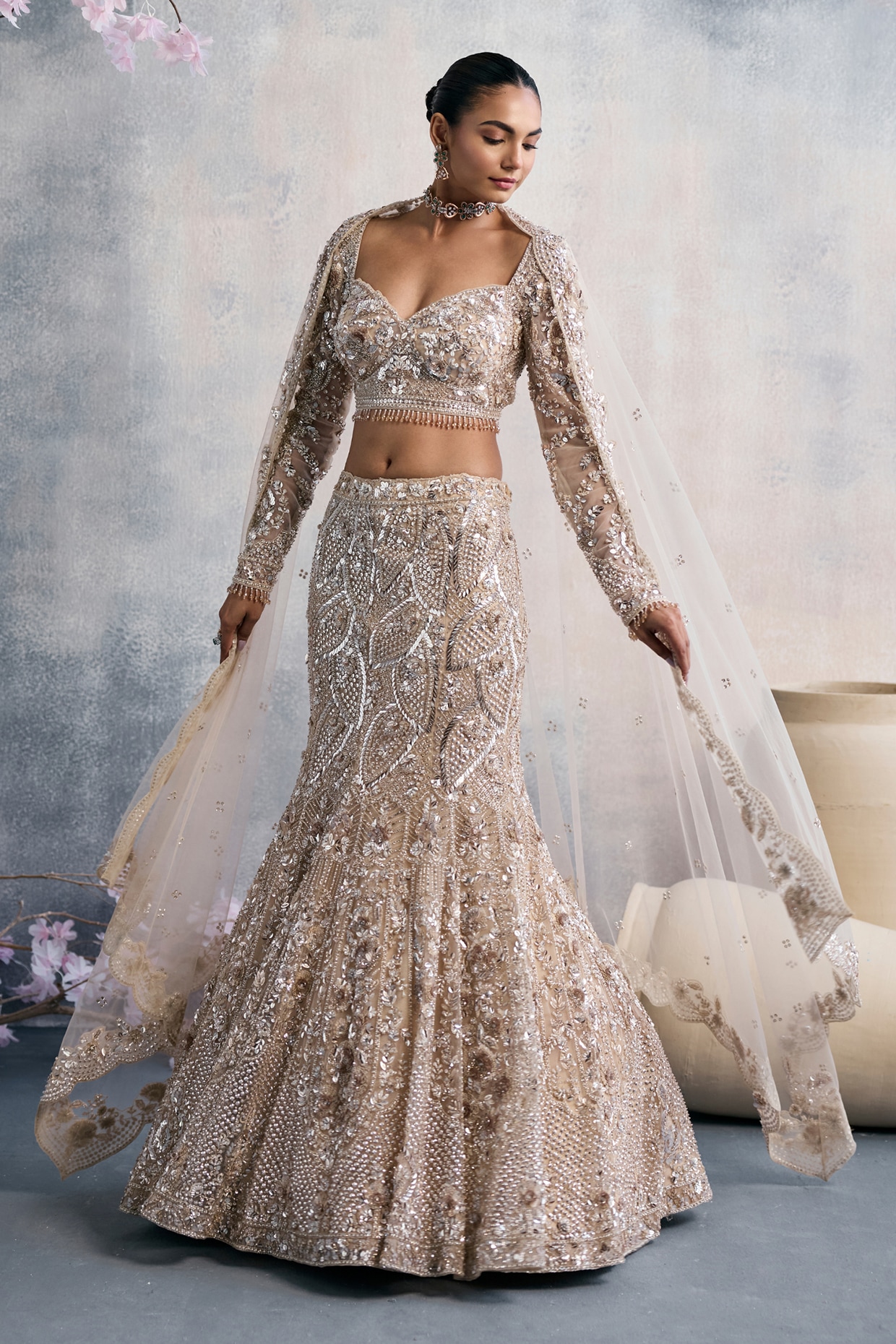 Tanaksh Ivory Net Sequins Embroidered Fish-Cut lehenga Set