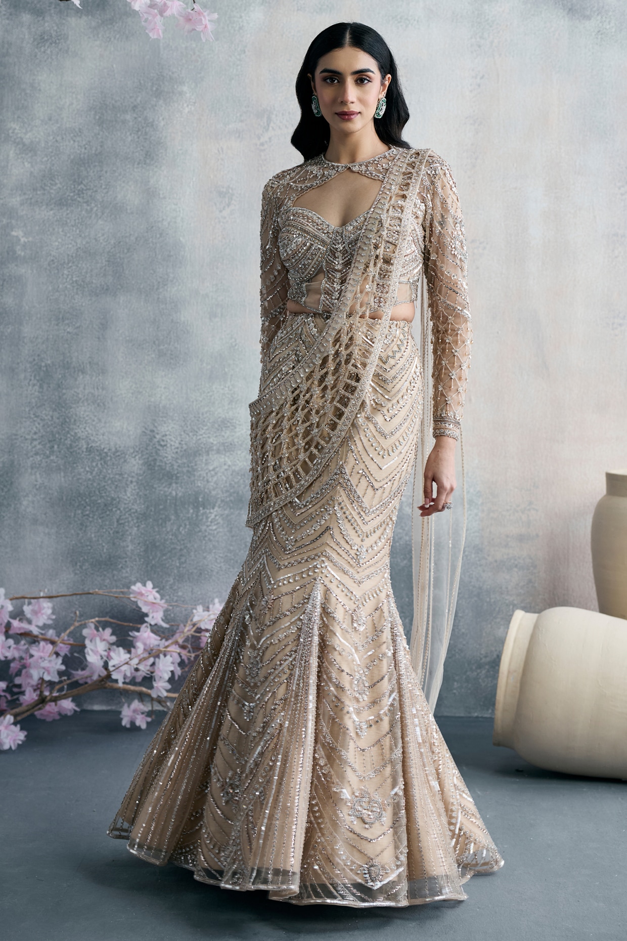 Tanaksh Gold Net Sequins Embroidered Fish-Cut Draped Lehenga Set