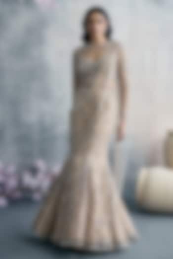 Gold Net Sequins Embroidered Fish-Cut Draped Wedding Lehenga Set by Tanaksh at Pernia's Pop Up Shop