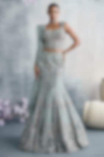 Sea Green Net Sequins Embroidered Fish-Cut Wedding Lehenga Set by Tanaksh at Pernia's Pop Up Shop