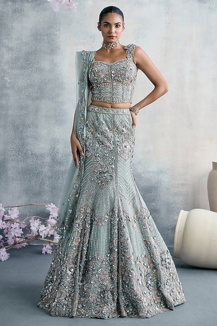 Sea Green Net Sequins Embroidered Fish-Cut Wedding Lehenga Set by Tanaksh at Pernia's Pop Up Shop