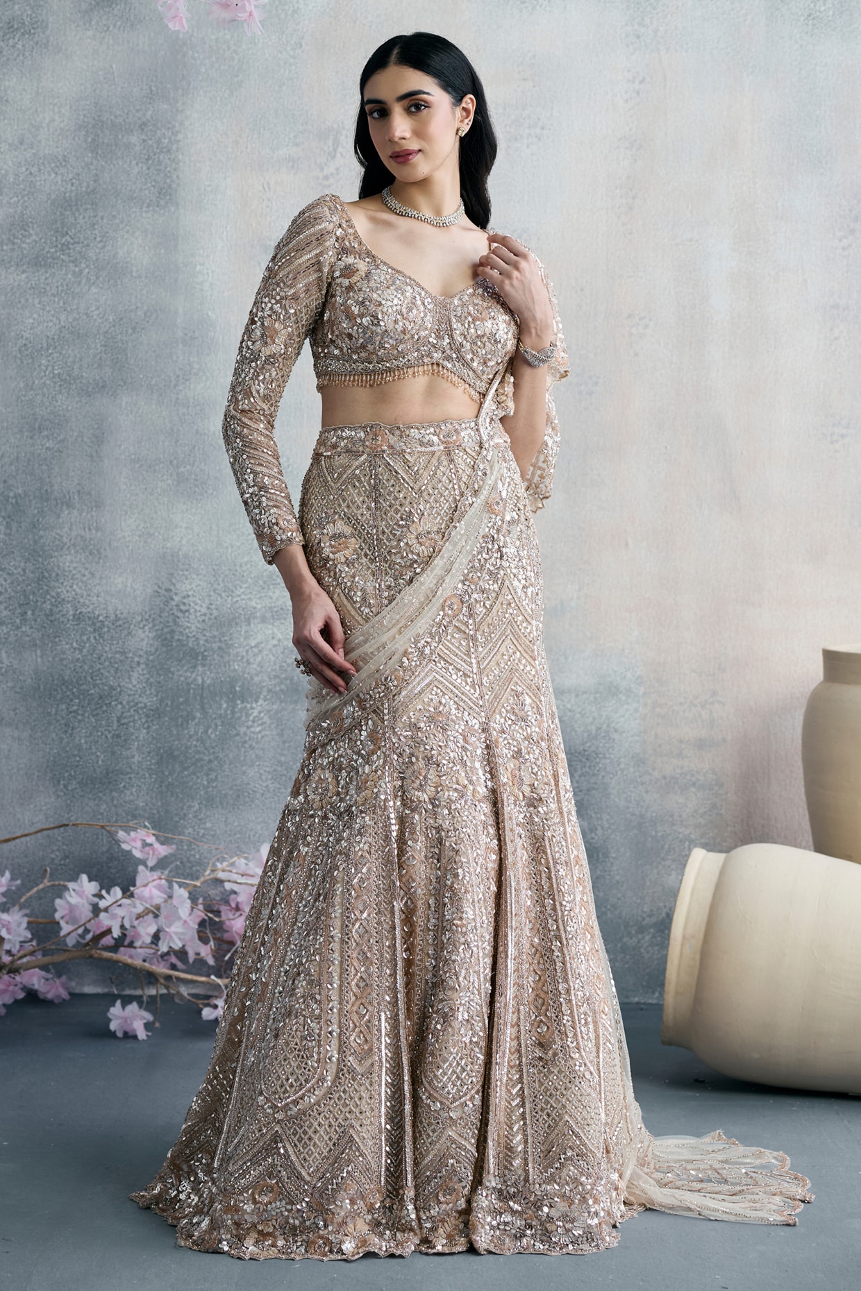 Tanaksh Golden Net Sequins Embroidered Fish-Cut Lehenga Set