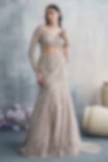 Golden Net Sequins Embroidered Fish-Cut Bridal Lehenga Set by Tanaksh at Pernia's Pop Up Shop