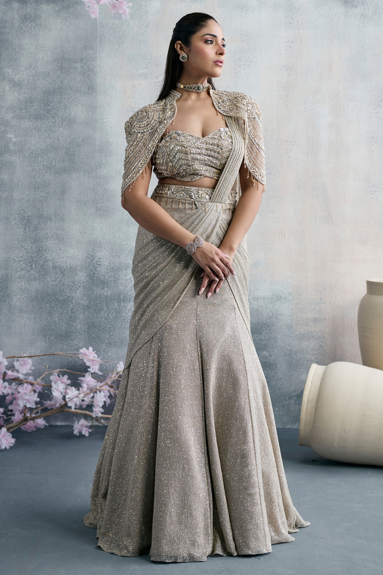 Tanaksh Golden Net Sequins Embroidered Fish-Cut Lehenga Set