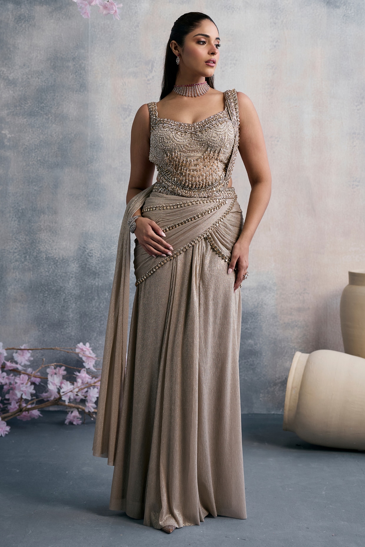 Tanaksh Golden Tissue Sequins Embroidered Pre-Draped Saree Set