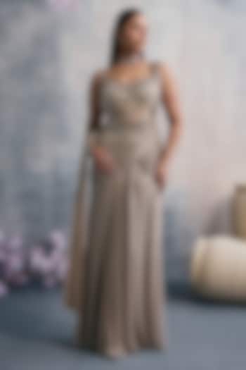 Golden Tissue Sequins Embroidered Pre-Draped Wedding Saree Set by Tanaksh at Pernia's Pop Up Shop