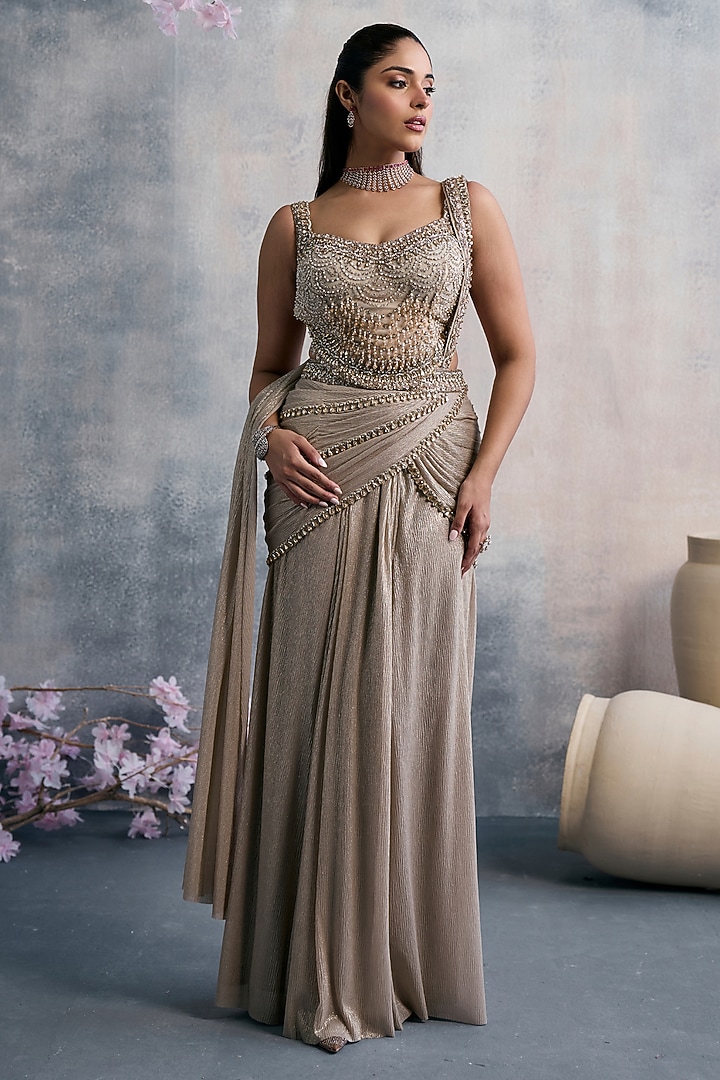Golden Tissue Sequins Embroidered Pre-Draped Wedding Saree Set by Tanaksh at Pernia's Pop Up Shop