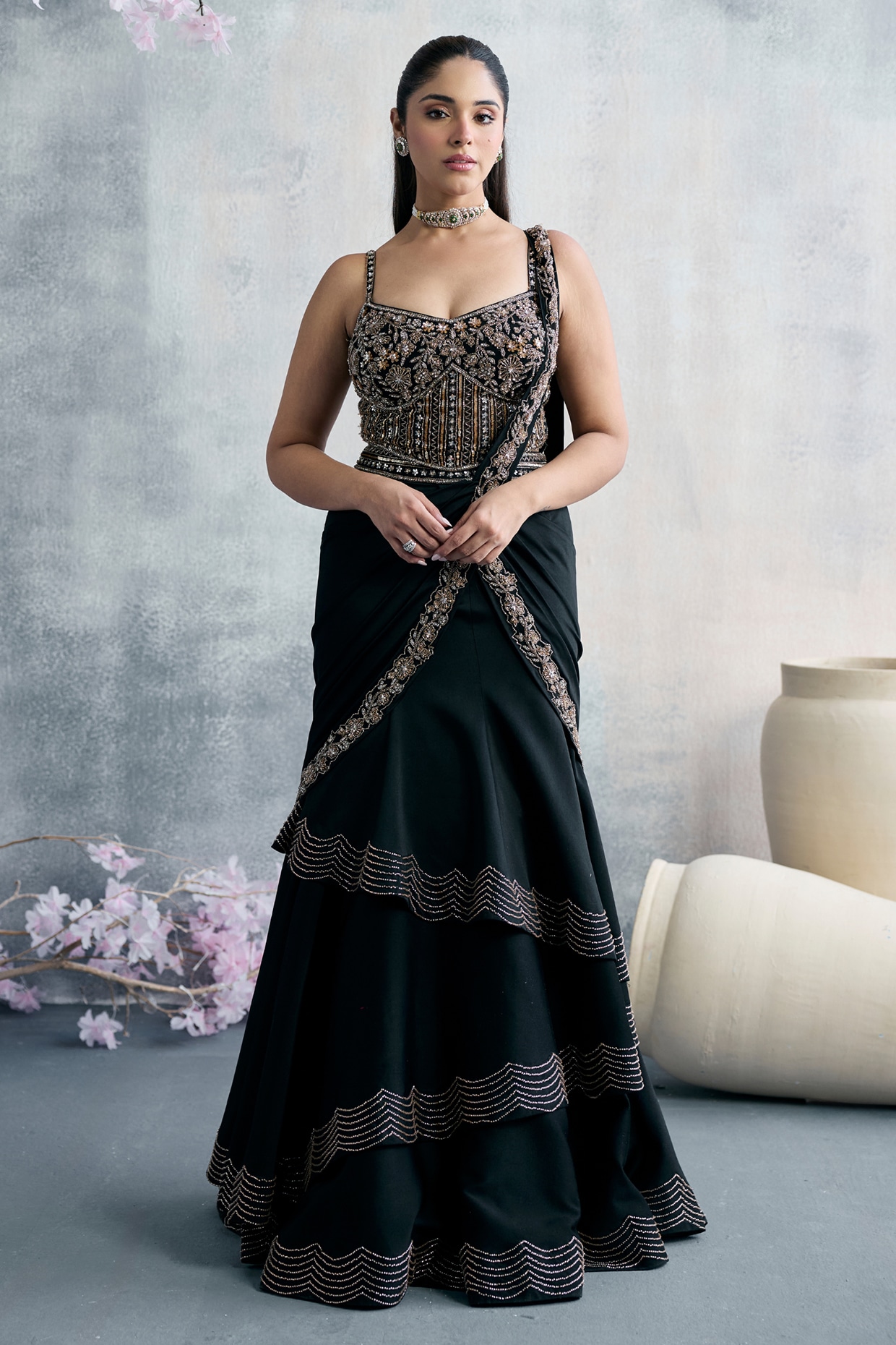 Tanaksh Black Satin Lycra Zari Embroidered Pre-Draped Saree Set