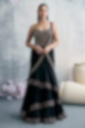 Black Satin Lycra Zari Embroidered Pre-Draped Wedding Saree Set by Tanaksh at Pernia's Pop Up Shop