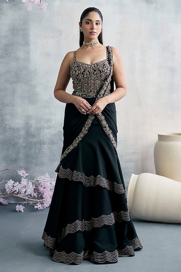 Black Satin Lycra Zari Embroidered Pre-Draped Wedding Saree Set by Tanaksh at Pernia's Pop Up Shop