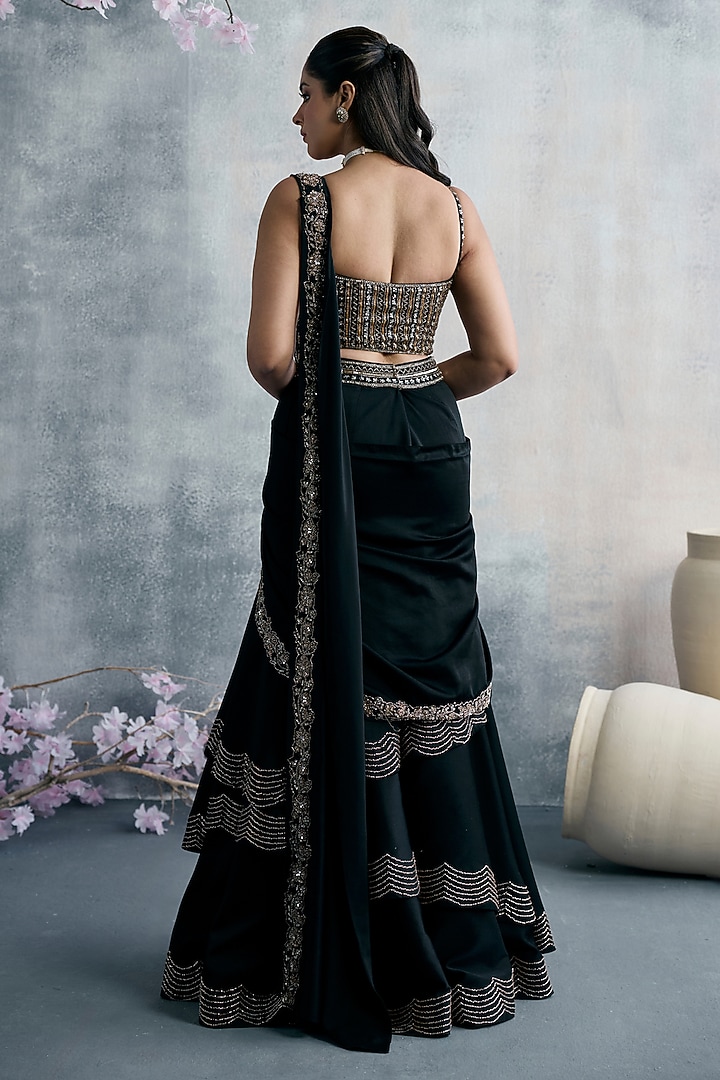 Black Satin Lycra Zari Embroidered Pre-Draped Wedding Saree Set by Tanaksh at Pernia's Pop Up Shop