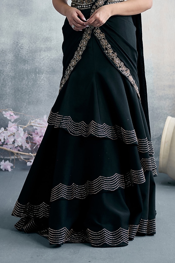 Black Satin Lycra Zari Embroidered Pre-Draped Wedding Saree Set by Tanaksh at Pernia's Pop Up Shop