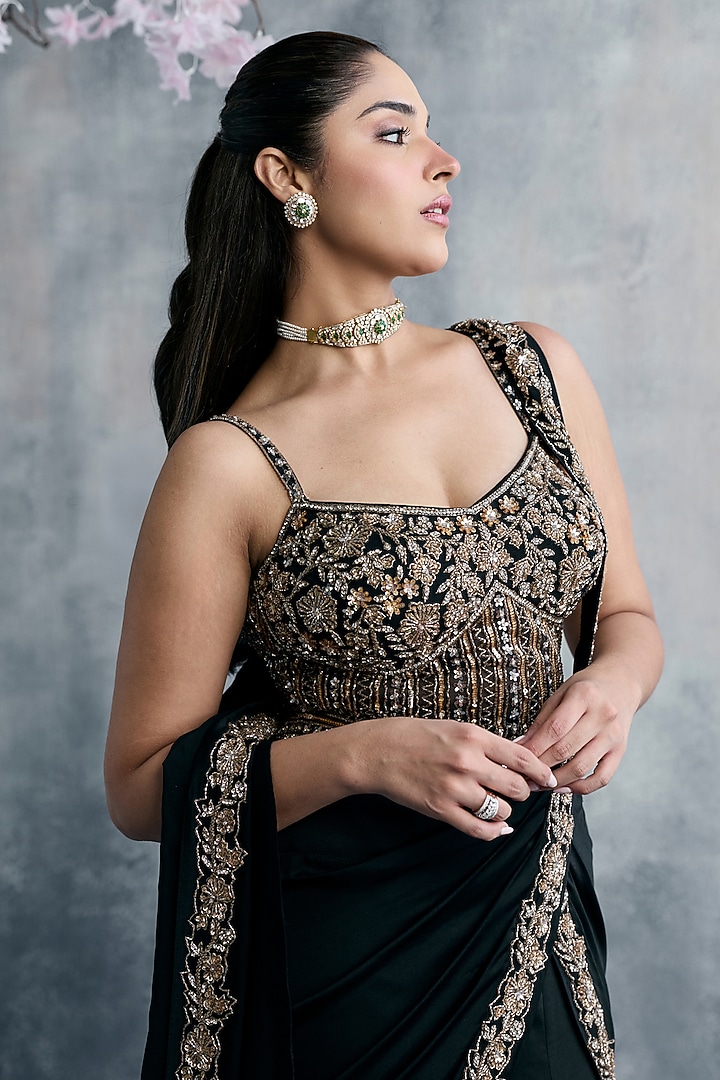 Black Satin Lycra Zari Embroidered Pre-Draped Wedding Saree Set by Tanaksh at Pernia's Pop Up Shop