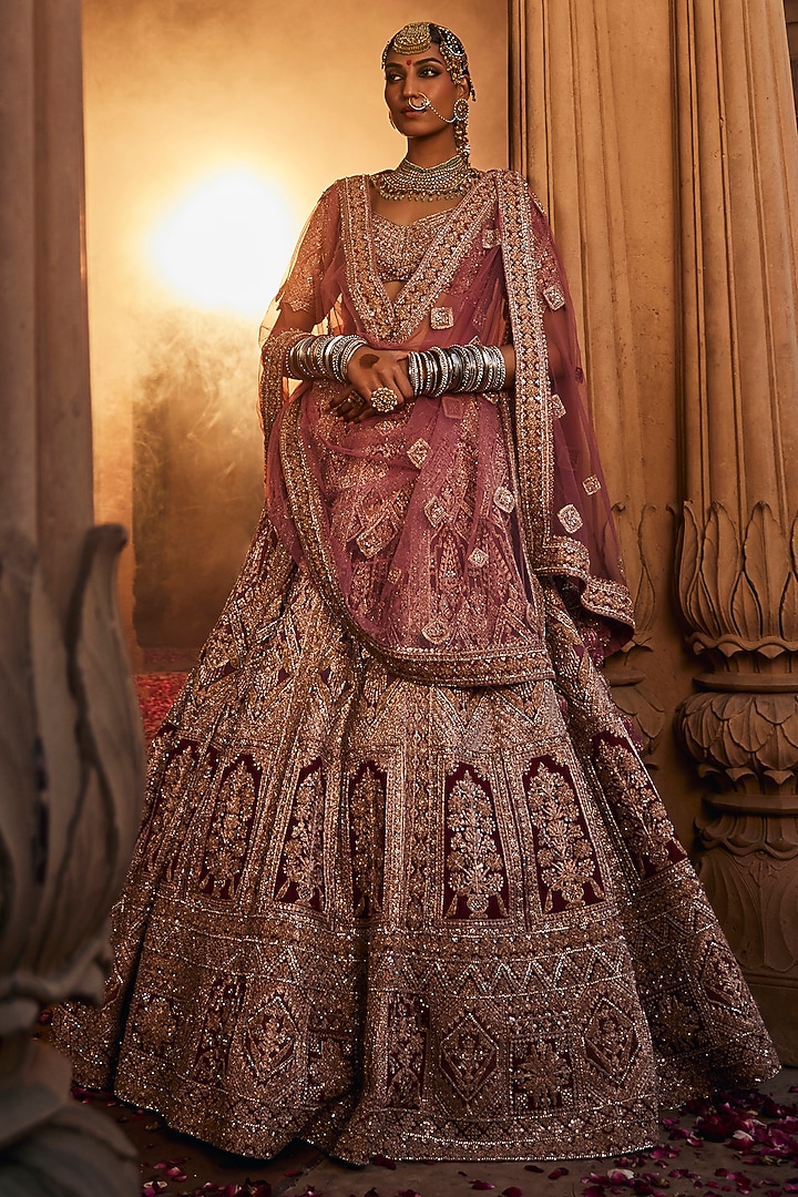 Hot Pink & Light Pink Net Zari Embroidered Bridal Lehenga Set by Tanaksh at Pernia's Pop Up Shop
