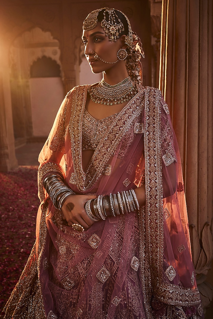 Hot Pink & Light Pink Net Zari Embroidered Bridal Lehenga Set by Tanaksh at Pernia's Pop Up Shop