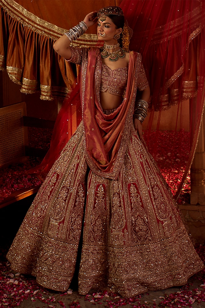 Multi-Colored Tissue Zari & Sequins Embroidered Bridal Lehenga Set by Tanaksh at Pernia's Pop Up Shop