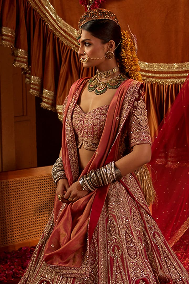 Multi-Colored Tissue Zari & Sequins Embroidered Bridal Lehenga Set by Tanaksh at Pernia's Pop Up Shop