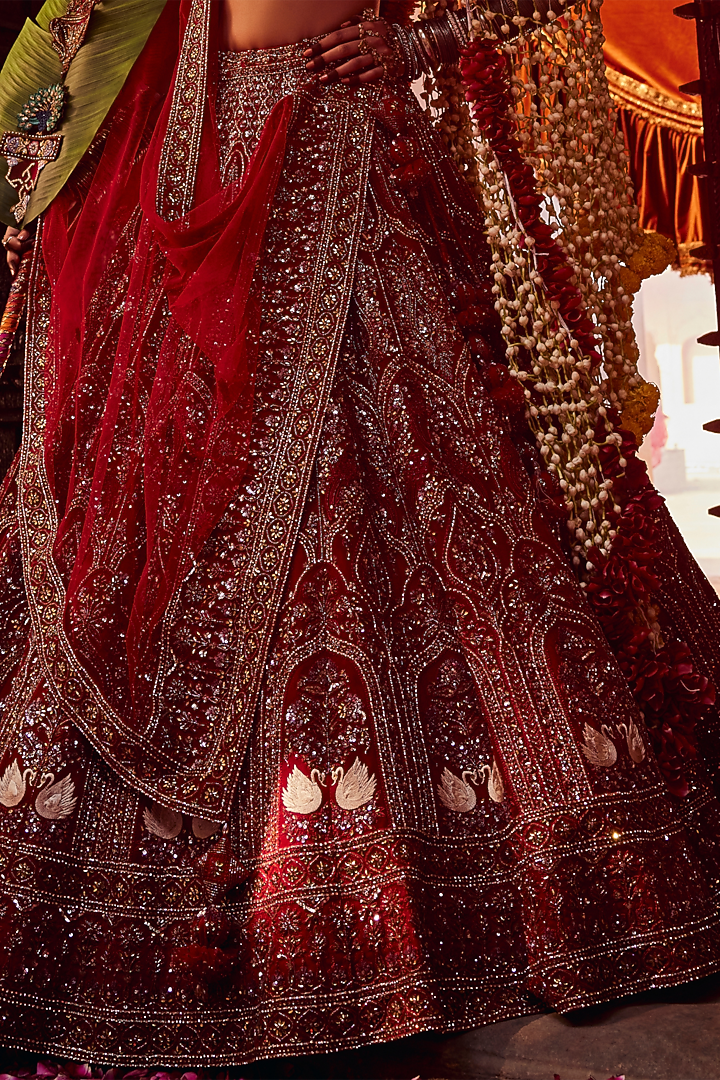 Red Net Cutdana & Sequins Embroidered Bridal Lehenga Set by Tanaksh at Pernia's Pop Up Shop