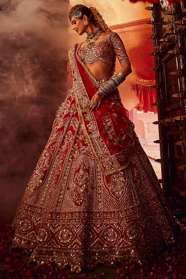 Light & Dark Pink Raw Silk Dabka Embroidered Bridal Lehenga Set by Tanaksh at Pernia's Pop Up Shop