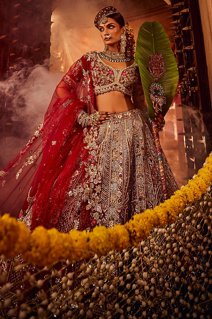 Light & Dark Pink Raw Silk Dabka Embroidered Bridal Lehenga Set by Tanaksh at Pernia's Pop Up Shop