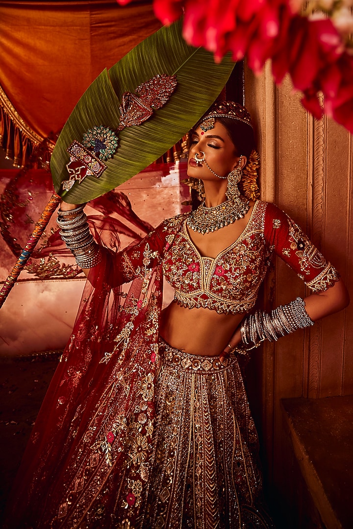 Light & Dark Pink Raw Silk Dabka Embroidered Bridal Lehenga Set by Tanaksh at Pernia's Pop Up Shop