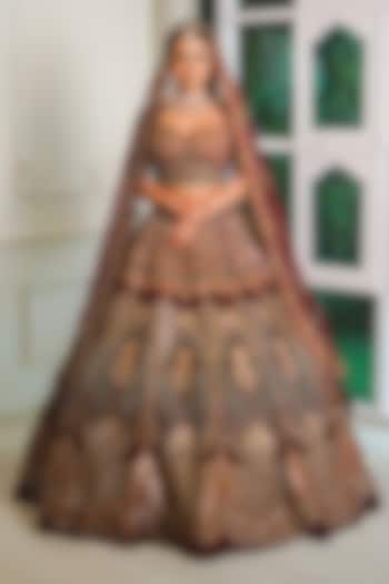 Maroon Net Dabka & Sequins Embroidered Bridal Lehenga Set by Tanaksh at Pernia's Pop Up Shop
